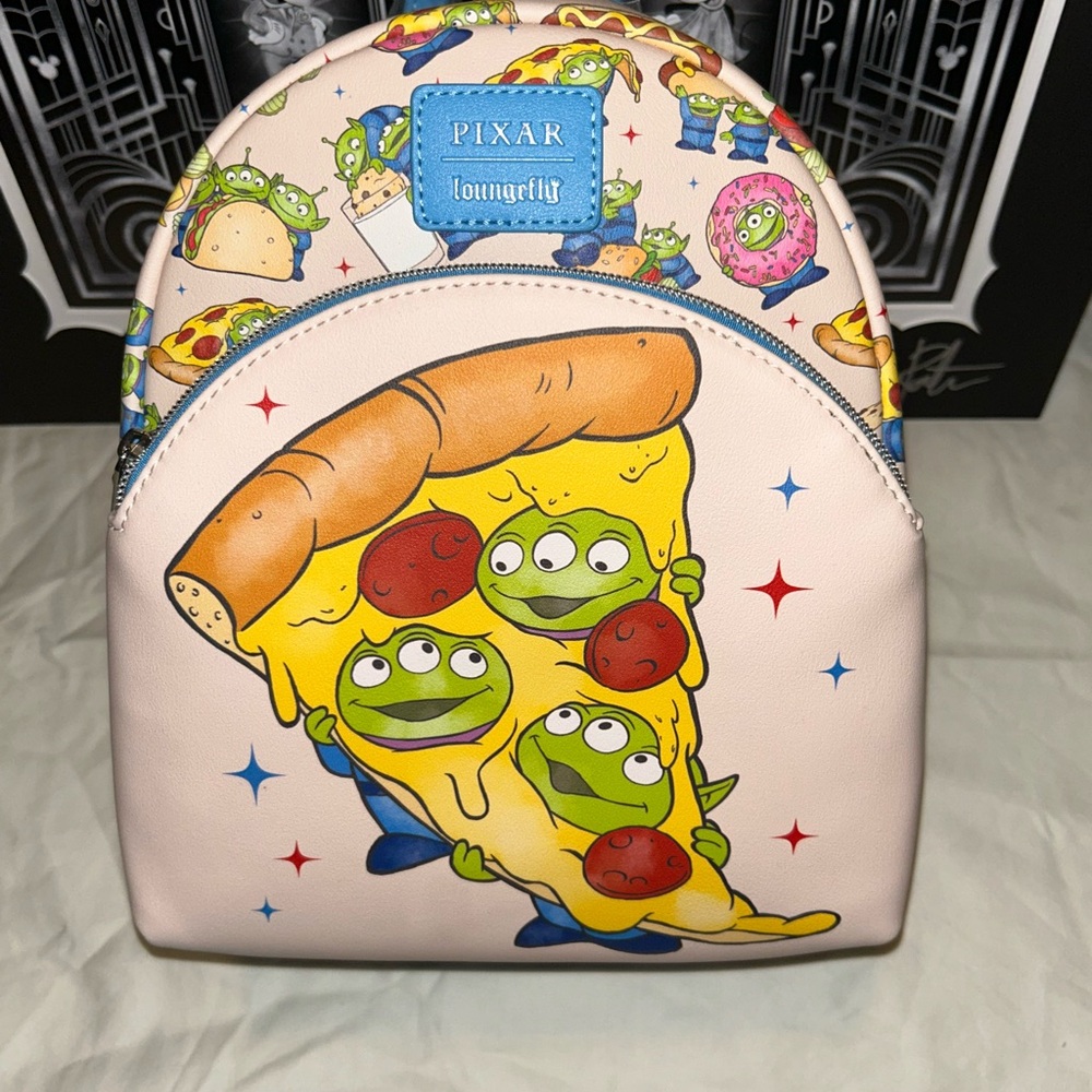 NWT Loungefly Pixar Soft Tag Aliens AOP pizza and snacks backpack